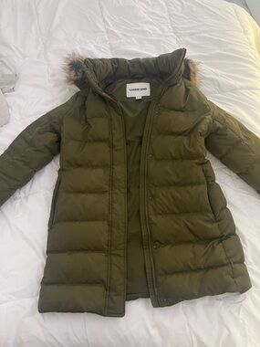 Lands' End Olive Quilted Puffer Jacket with Faux Fur Hood Trim